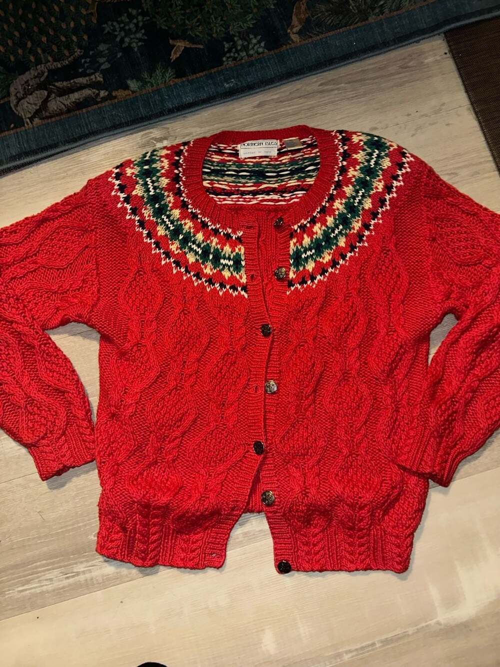 Northern Isles Fair Isle Cardigan Size L Red Cotton Ramie